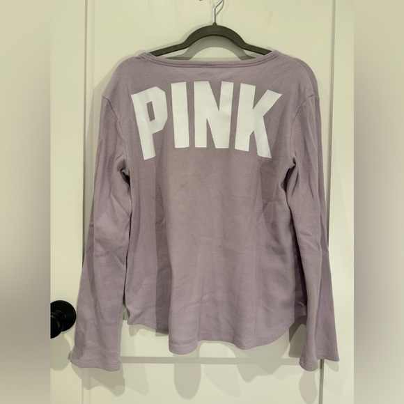 PINK Victoria's Secret Women’s  L/S Logo Crew Neck Waffle Tee Lavender - Picture 2 of 4